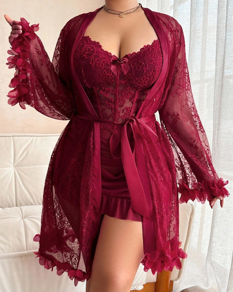 Plus-Size Lace Cami Nightgown Set with Floral Lace Trim and Sheer Robe with Wide Sleeves