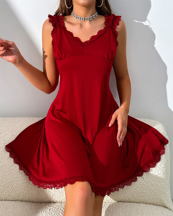 Seductive V-Back Lace Nightgown with a High Slit