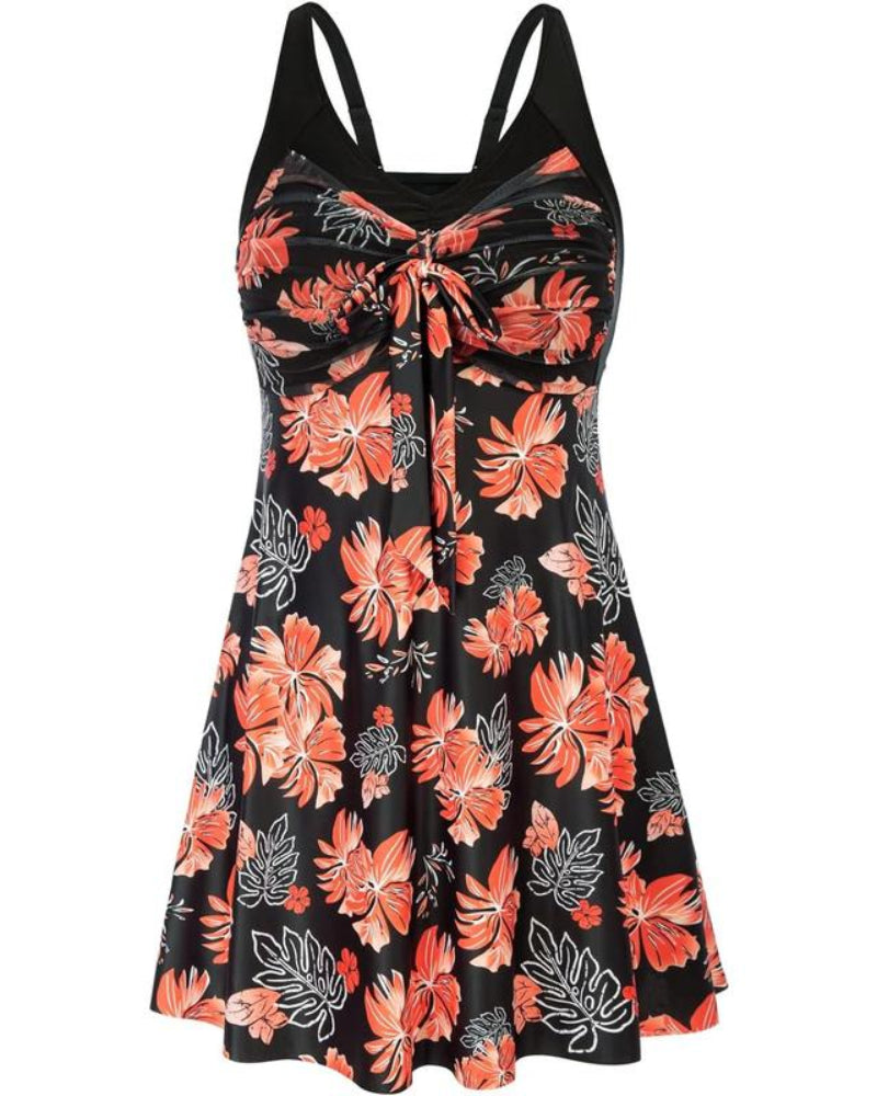 Plus Size Women's Two-Piece Swim Dress with Tummy Control - Floral Print Tankini Swimsuit Set with Boyshort Bottoms