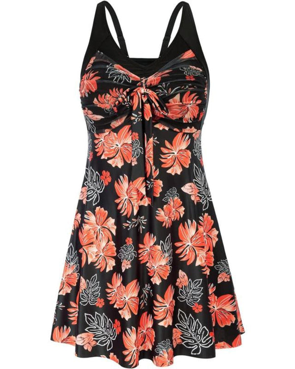 Plus Size Women's Two-Piece Swim Dress with Tummy Control - Floral Print Tankini Swimsuit Set with Boyshort Bottoms