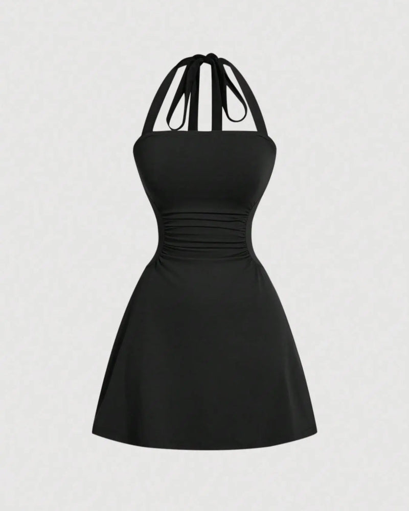Elegant Ruched Tie-Back Halter A-Line Dress