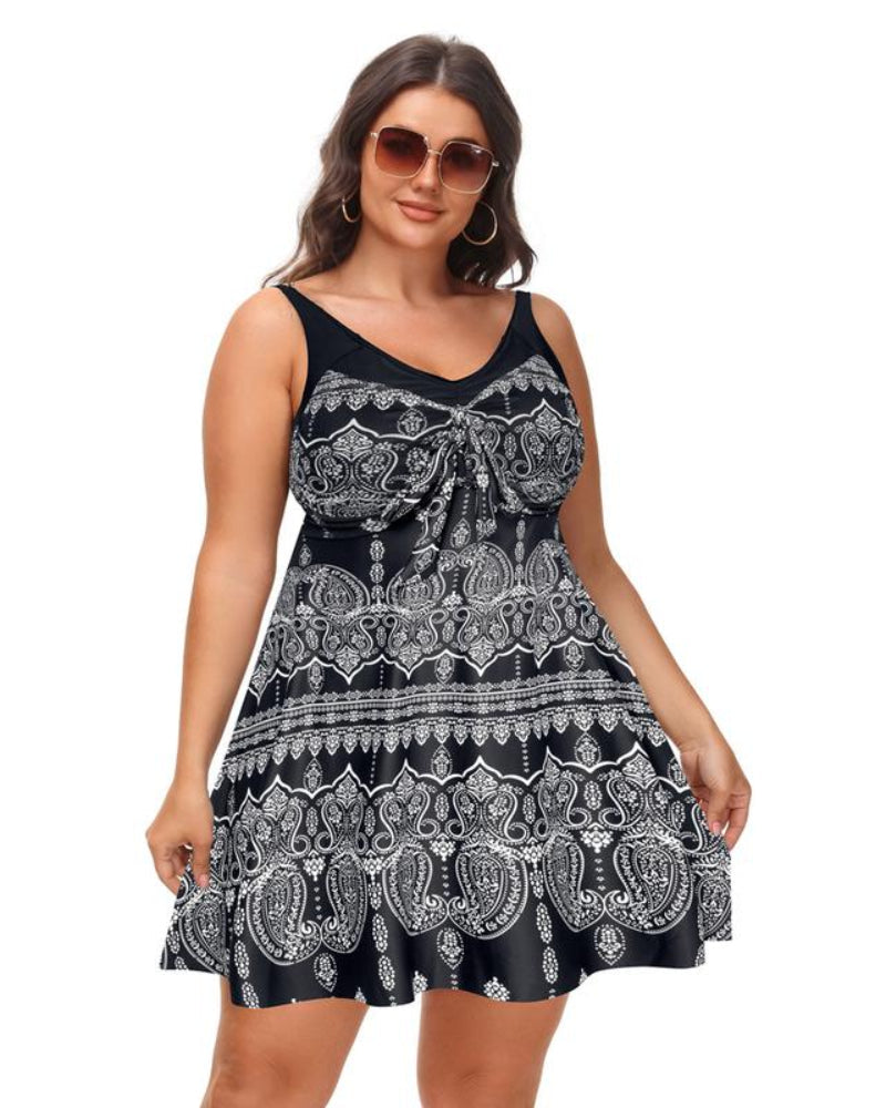 Plus Size Women's Two-Piece Swim Dress with Tummy Control - Floral Print Tankini Swimsuit Set with Boyshort Bottoms