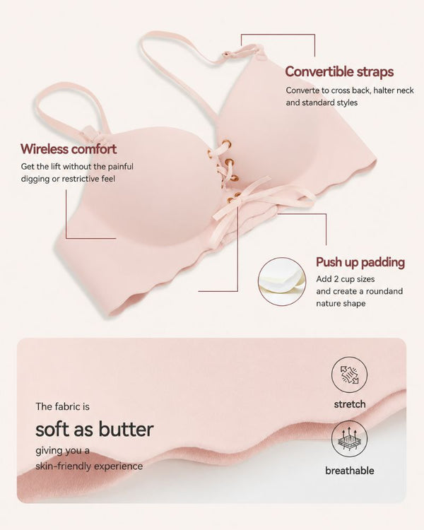 Lace-Up Padded Wireless Push-Up Bra with Gentle Lift