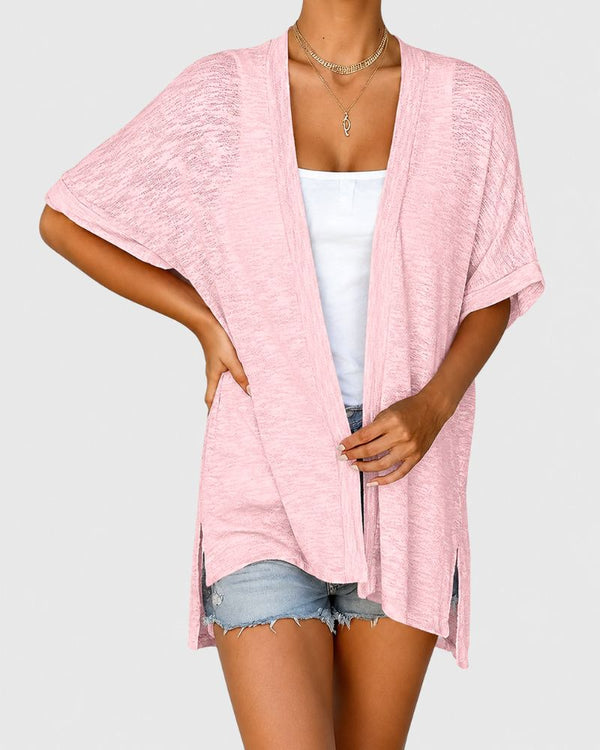 Airy Lightweight Short-Sleeve Open-Front Cardigan