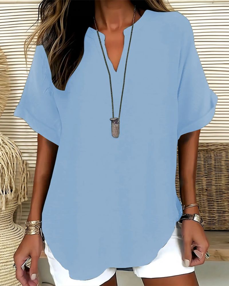Effortless V-Neck Relaxed-Fit Short-Sleeve Blouse