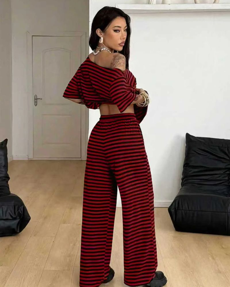 Chic Striped Off-Shoulder Two-Piece Set with Wide-Leg Pants