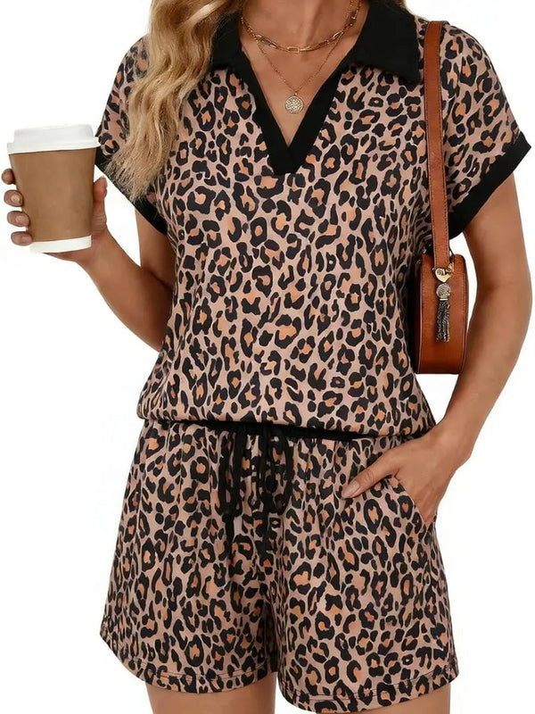 Leopard Print V-Neck Cap-Sleeve 2-Piece Lounge Set - Ultra-Soft Comfort & Effortless Style