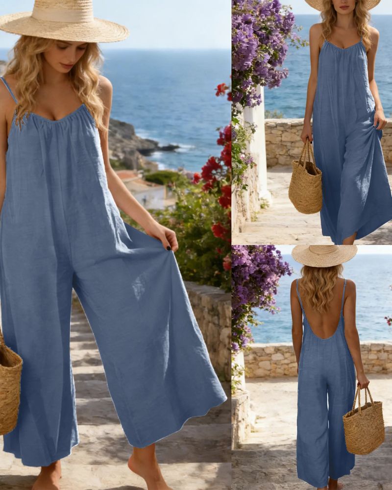 Chic Strappy Backless Wide-Leg Jumpsuit with Pockets