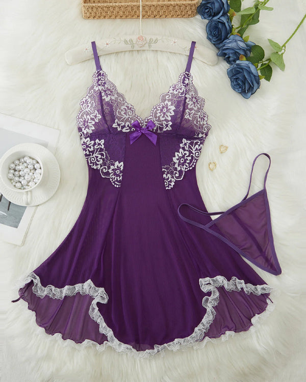 Alluring V-Neck Sheer Lace Nightgown with Matching G-String