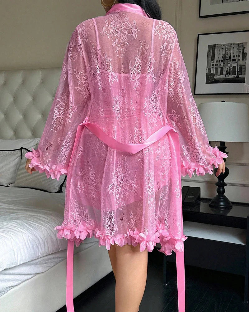 Plus-Size Lace Cami Nightgown Set with Floral Lace Trim and Sheer Robe with Wide Sleeves