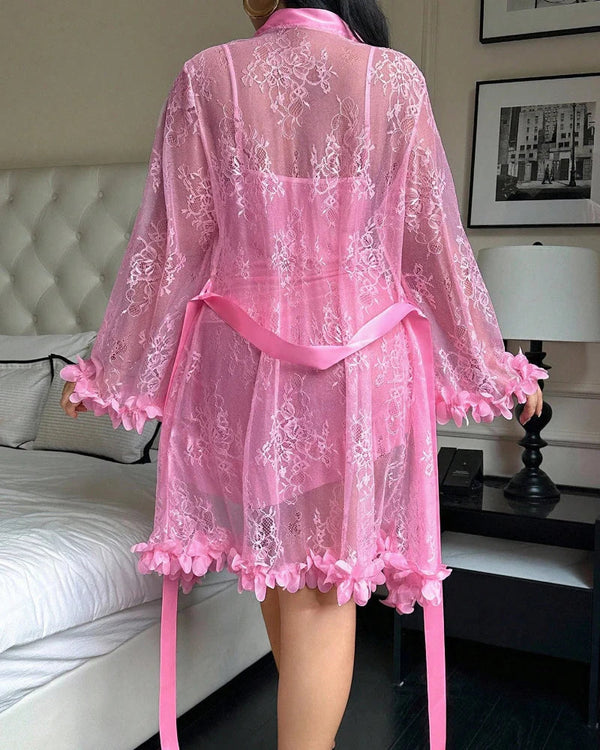 Plus-Size Lace Cami Nightgown Set with Floral Lace Trim and Sheer Robe with Wide Sleeves