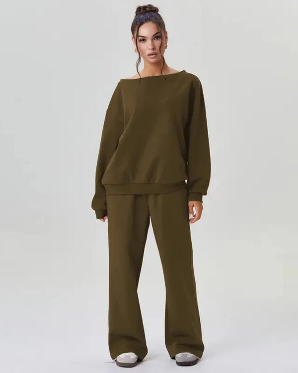 Ultra-Cozy Women’s Two-Piece Lounge Set – One-Shoulder Long-Sleeve Top & Wide-Leg Pants
