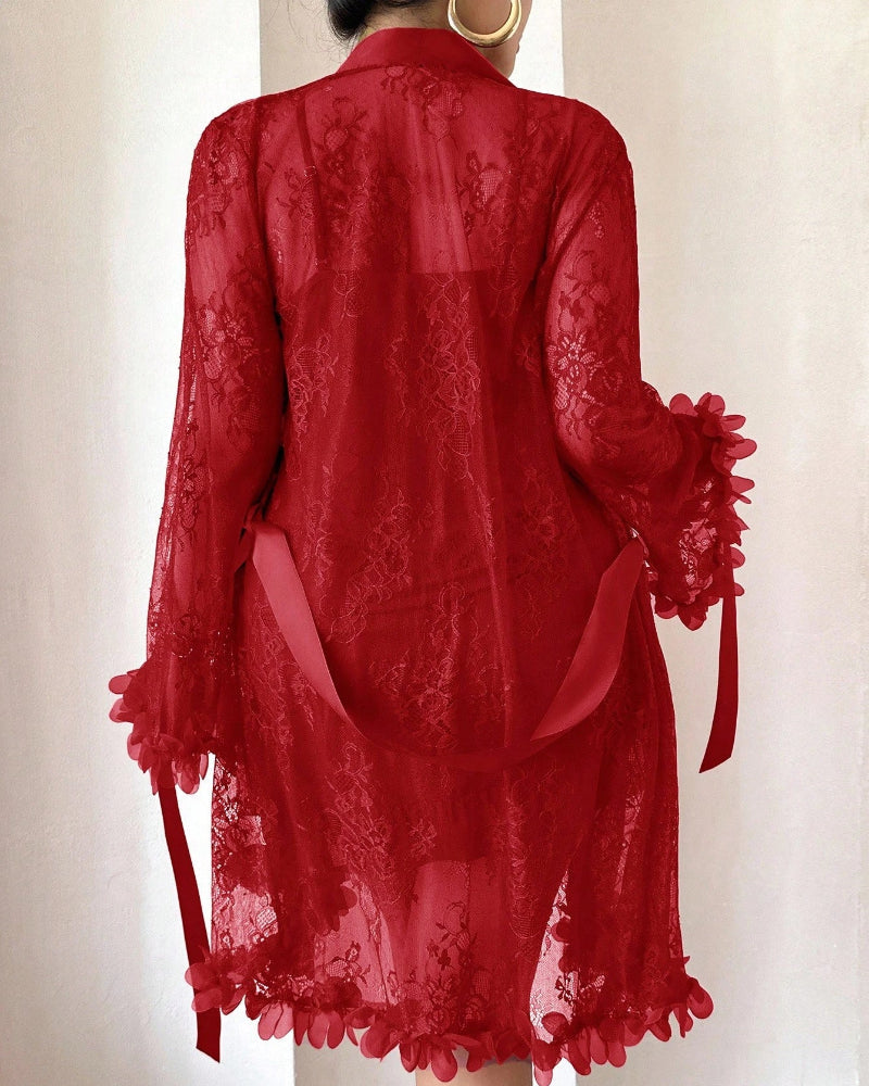 Plus-Size Lace Cami Nightgown Set with Floral Lace Trim and Sheer Robe with Wide Sleeves