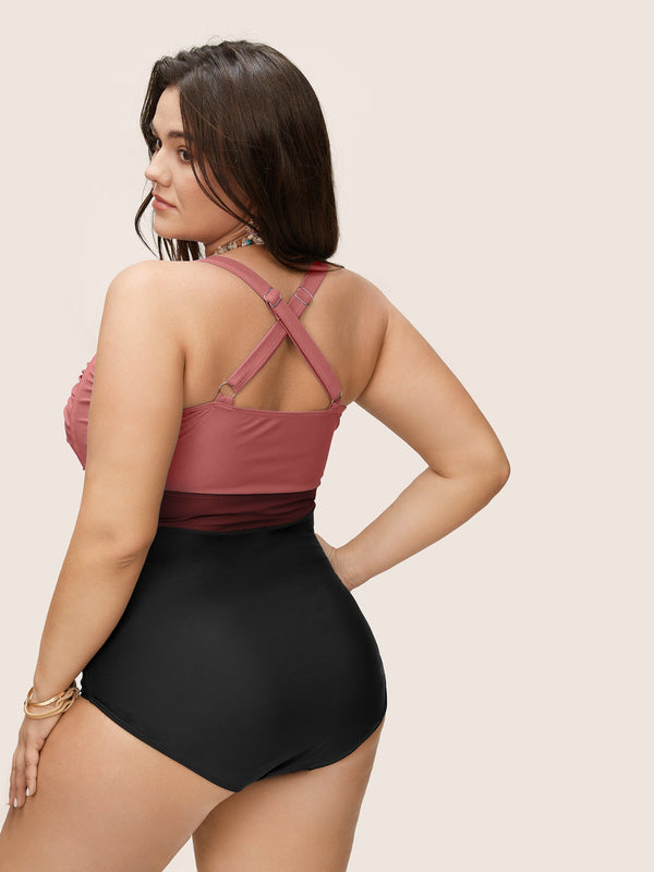 Figure-Flattering Contrast Twist-Front One-Piece Swimsuit with Tummy Control