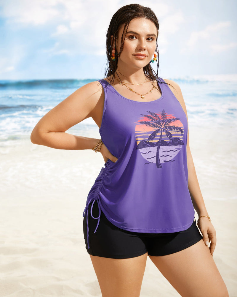 Vibrant Island-Print Adjustable Drawstring Swim Top