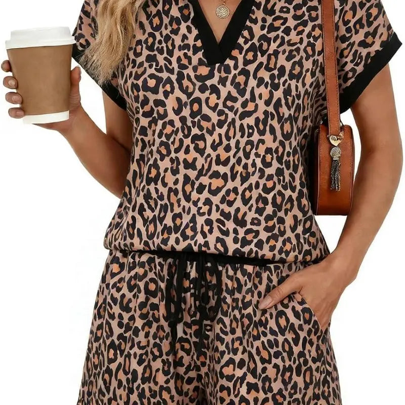 Leopard Print V-Neck Cap-Sleeve 2-Piece Lounge Set - Ultra-Soft Comfort & Effortless Style