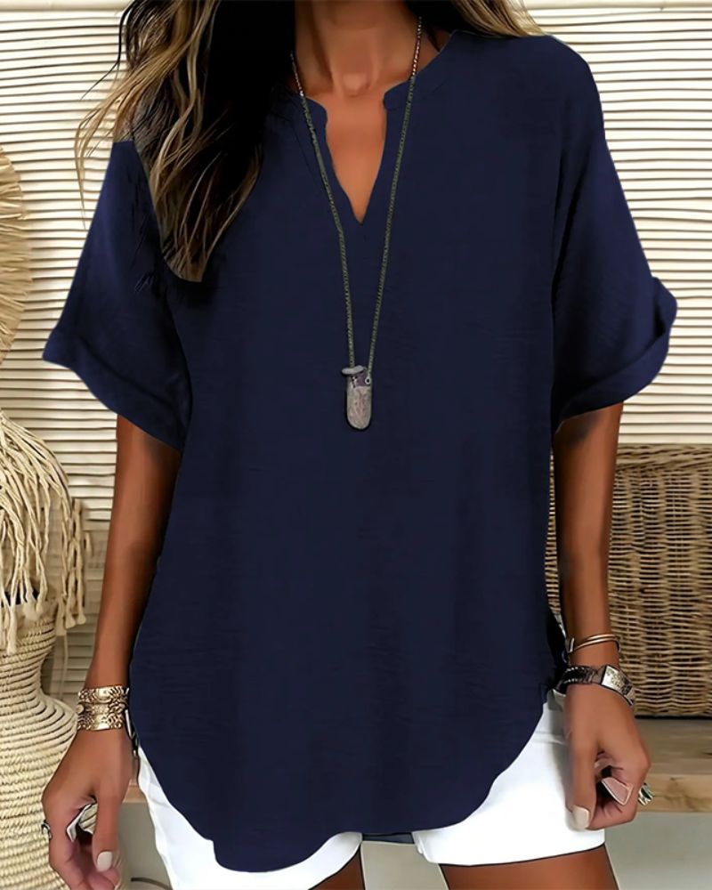 Effortless V-Neck Relaxed-Fit Short-Sleeve Blouse