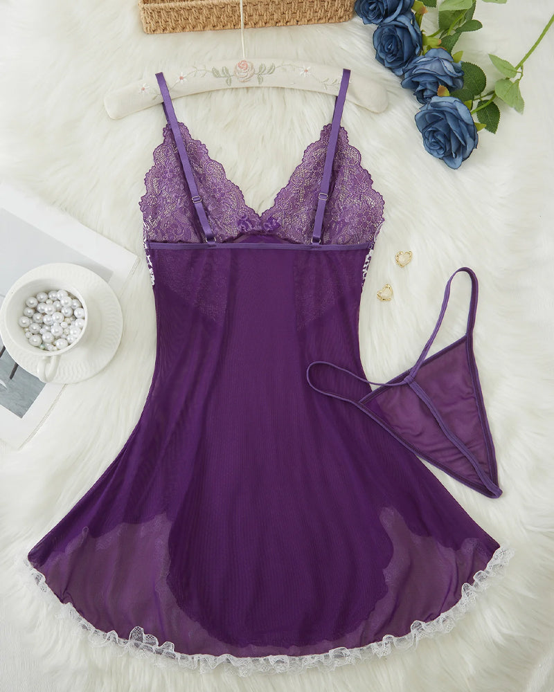 Alluring V-Neck Sheer Lace Nightgown with Matching G-String