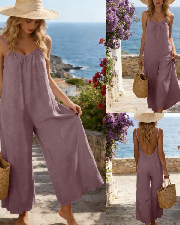 Chic Strappy Backless Wide-Leg Jumpsuit with Pockets