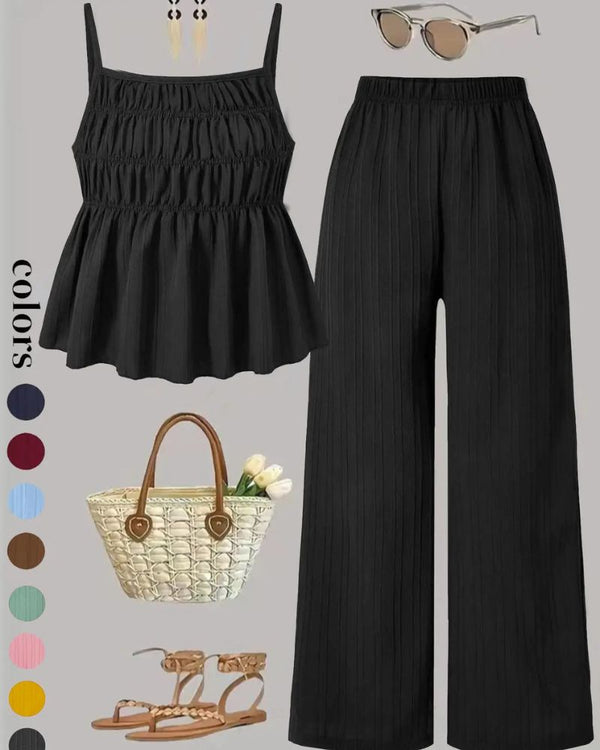Effortless Solid-Color Cami Top & Wide-Leg Pants Two-Piece Set