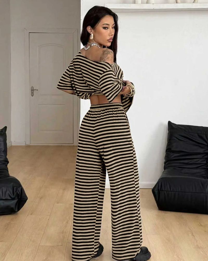 Chic Striped Off-Shoulder Two-Piece Set with Wide-Leg Pants