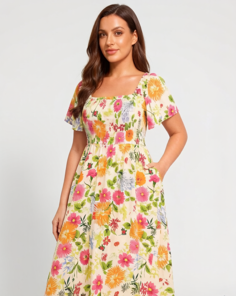 Chic Floral Smocked Square-Neck Midi Dress with Pockets