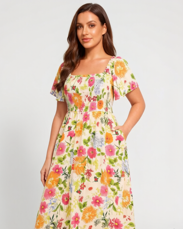 Chic Floral Smocked Square-Neck Midi Dress with Pockets