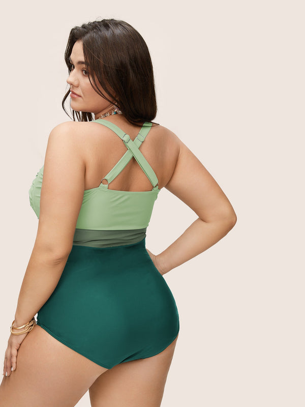 Figure-Flattering Contrast Twist-Front One-Piece Swimsuit with Tummy Control