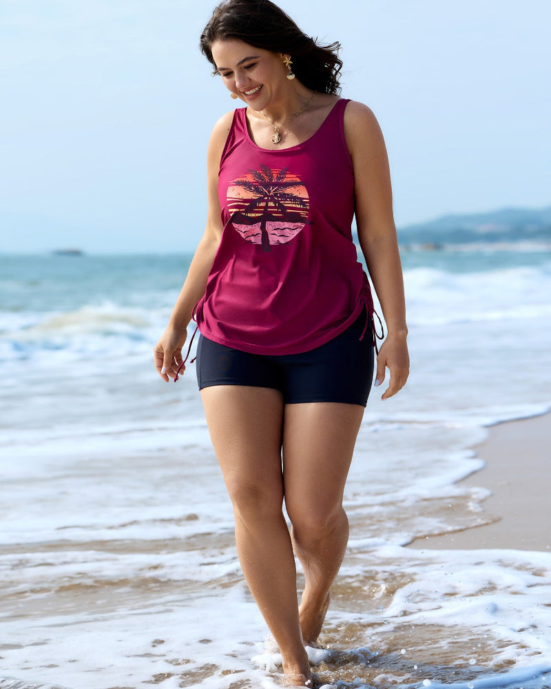 Vibrant Island-Print Adjustable Drawstring Swim Top