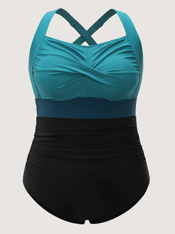 Figure-Flattering Contrast Twist-Front One-Piece Swimsuit with Tummy Control