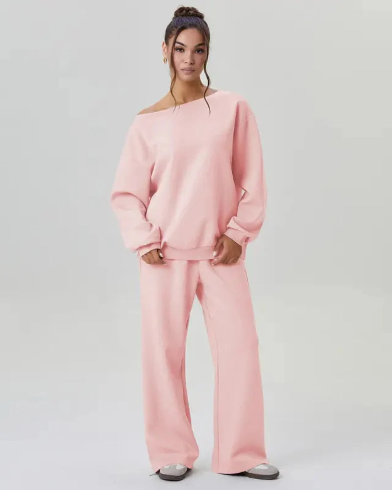 Ultra-Cozy Women’s Two-Piece Lounge Set – One-Shoulder Long-Sleeve Top & Wide-Leg Pants