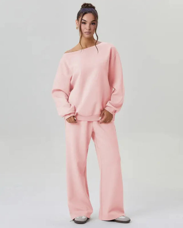 Ultra-Cozy Women’s Two-Piece Lounge Set – One-Shoulder Long-Sleeve Top & Wide-Leg Pants