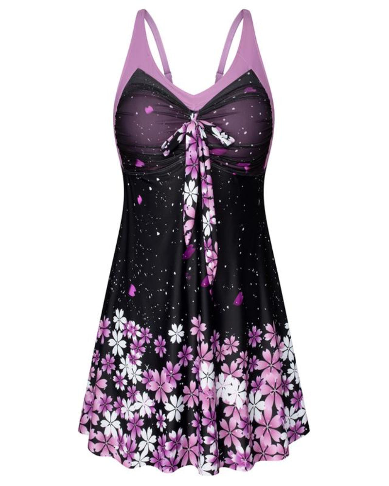 Plus Size Women's Two-Piece Swim Dress with Tummy Control - Floral Print Tankini Swimsuit Set with Boyshort Bottoms