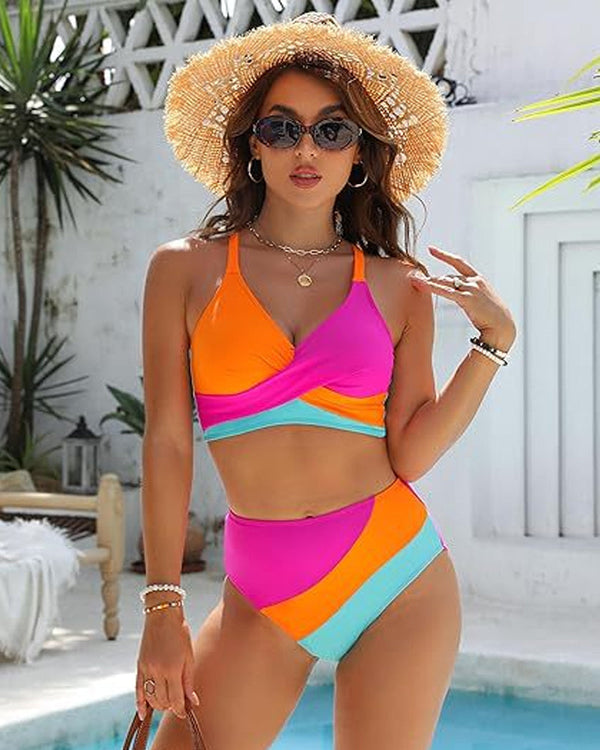 Color-Block Crisscross Lace-Back Bikini Set