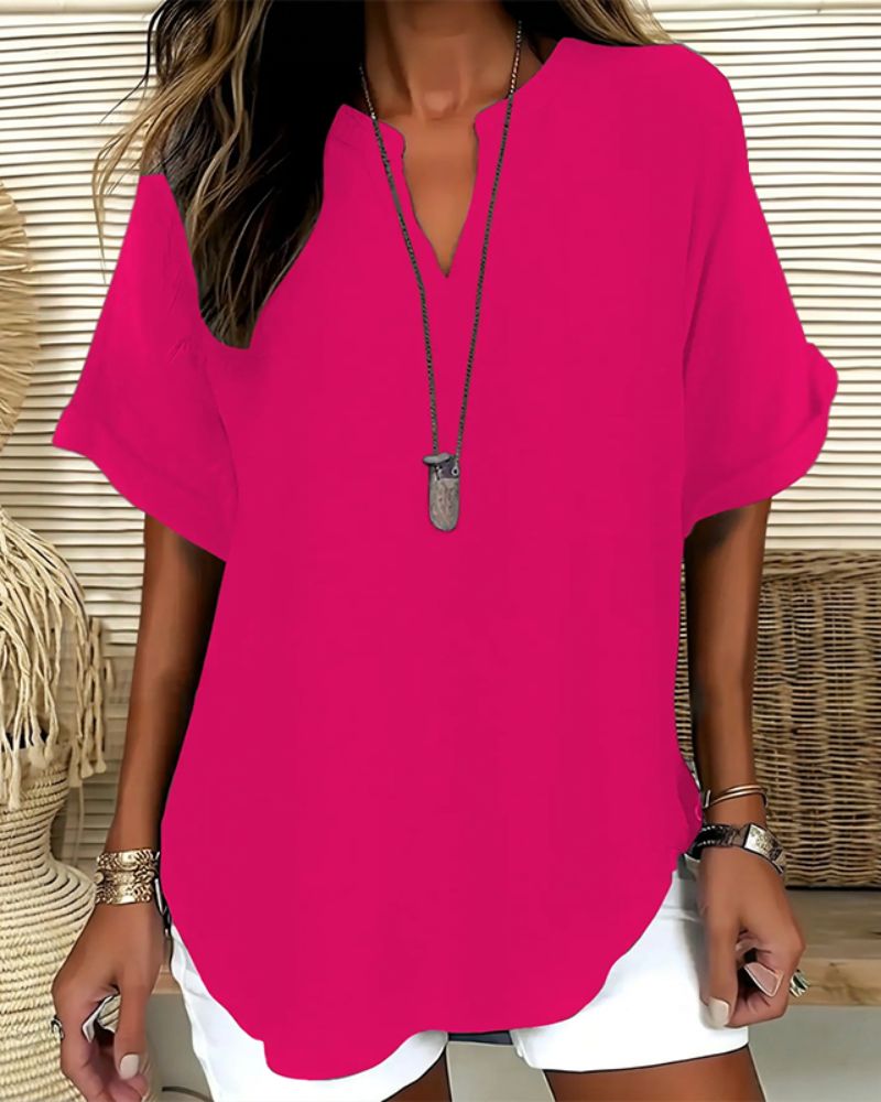 Effortless V-Neck Relaxed-Fit Short-Sleeve Blouse