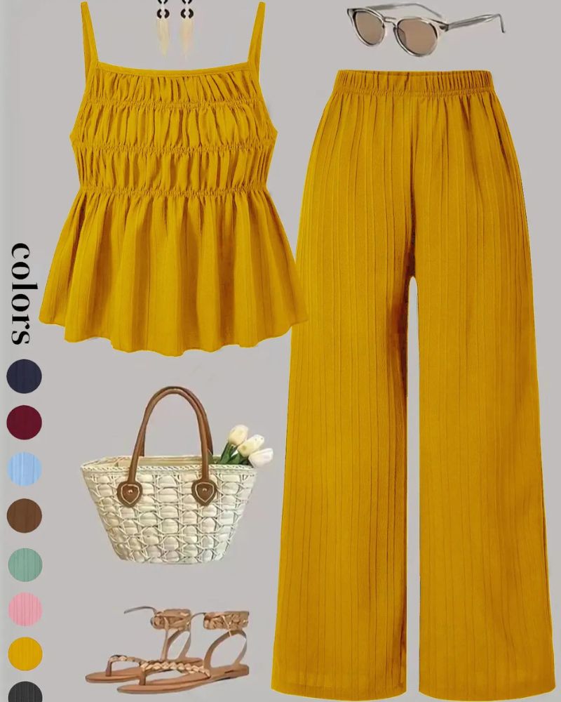 Effortless Solid-Color Cami Top & Wide-Leg Pants Two-Piece Set
