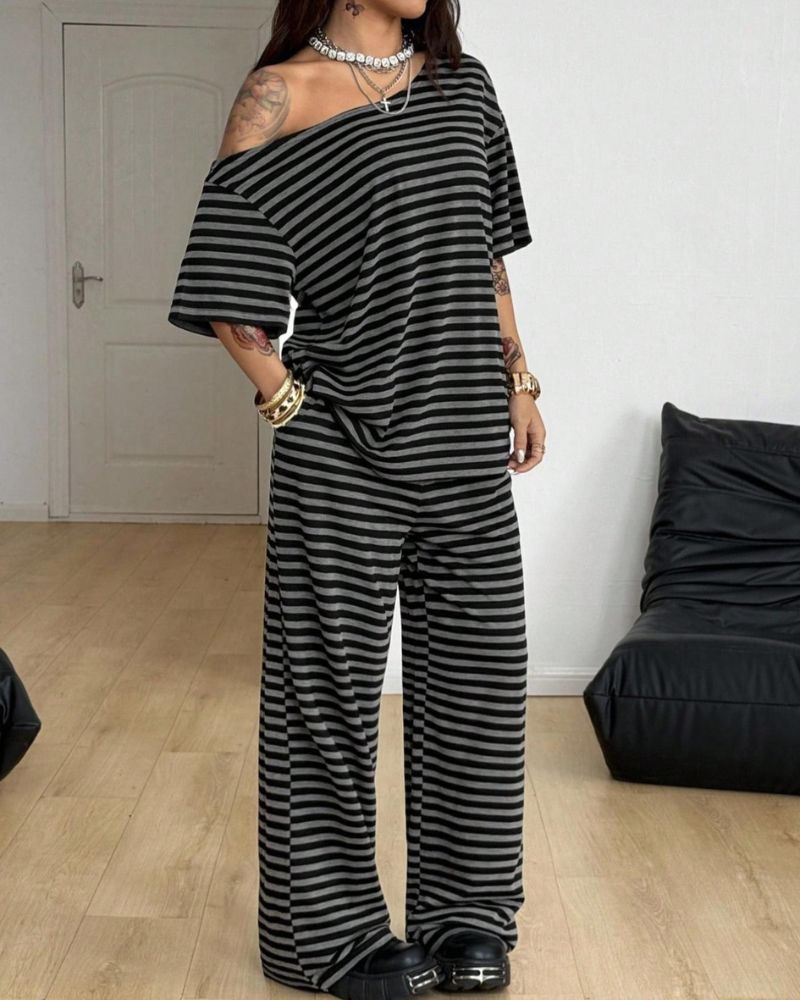 Chic Striped Off-Shoulder Two-Piece Set with Wide-Leg Pants