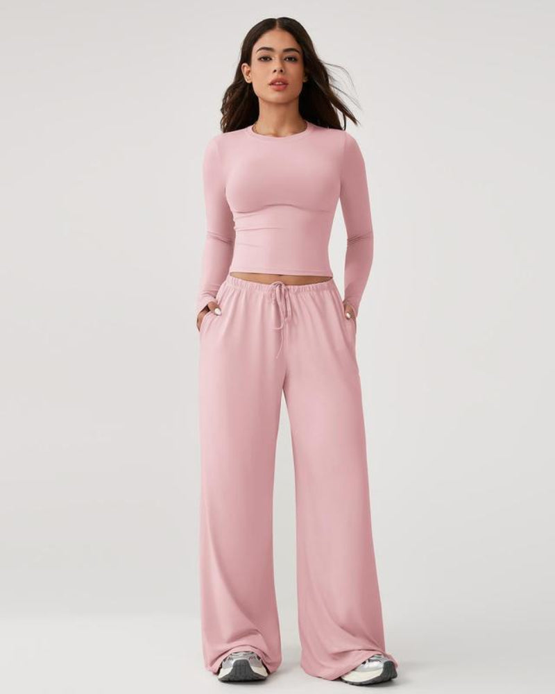Women's 2-Piece Activewear Set: Long-Sleeve Crop Top + Wide-Leg Pants — Ultra-Stretchy Yoga, Workout & Running Wear