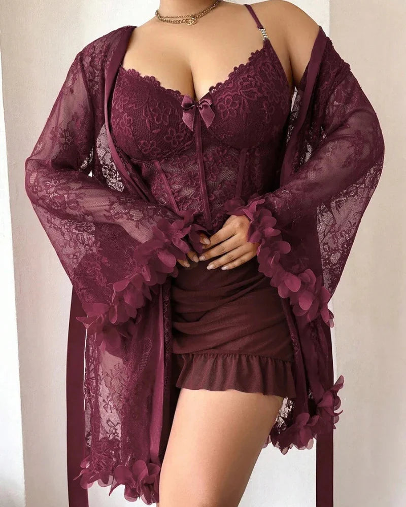 Plus-Size Lace Cami Nightgown Set with Floral Lace Trim and Sheer Robe with Wide Sleeves