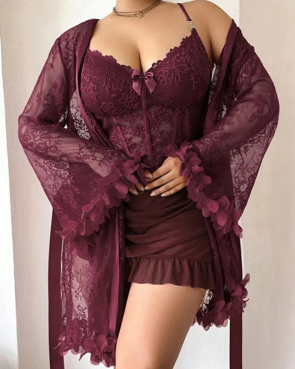 Plus-Size Lace Cami Nightgown Set with Floral Lace Trim and Sheer Robe with Wide Sleeves