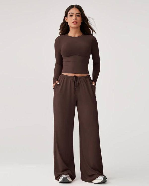 Women's 2-Piece Activewear Set: Long-Sleeve Crop Top + Wide-Leg Pants — Ultra-Stretchy Yoga, Workout & Running Wear