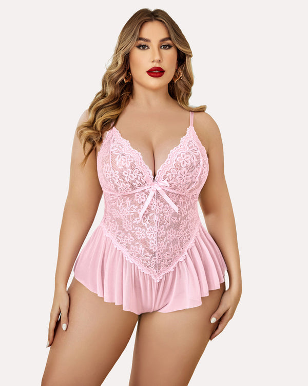 Plus Size V-Neck Lace Bodysuit – Sheer Mesh One-Piece Teddy Babydoll Nightwear
