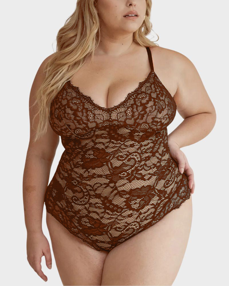 Sultry Deep-V Lace Sculpting Thong Bodysuit