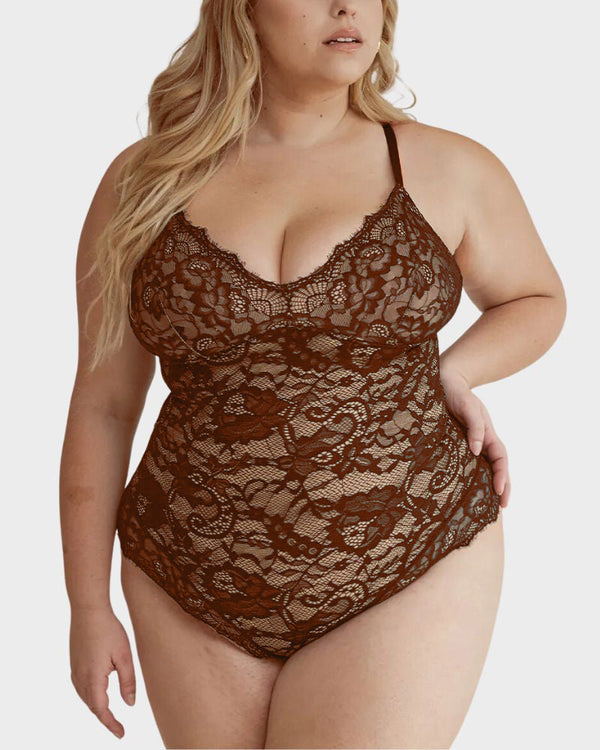 Sultry Deep-V Lace Sculpting Thong Bodysuit