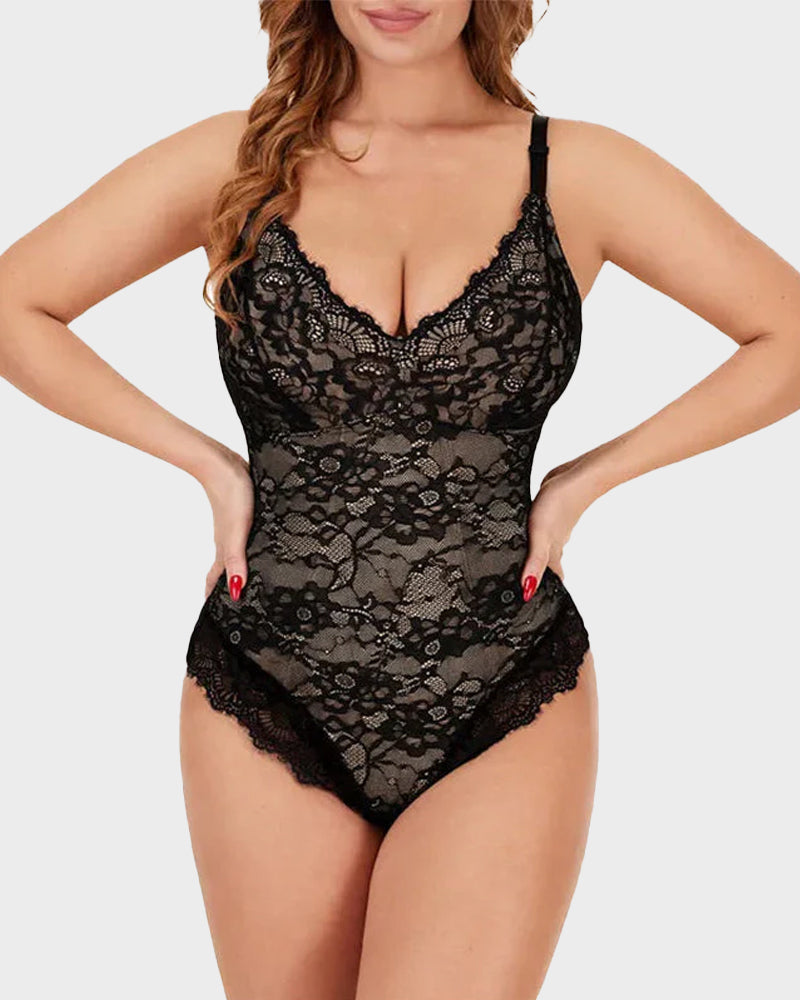 Sultry Deep-V Lace Sculpting Thong Bodysuit