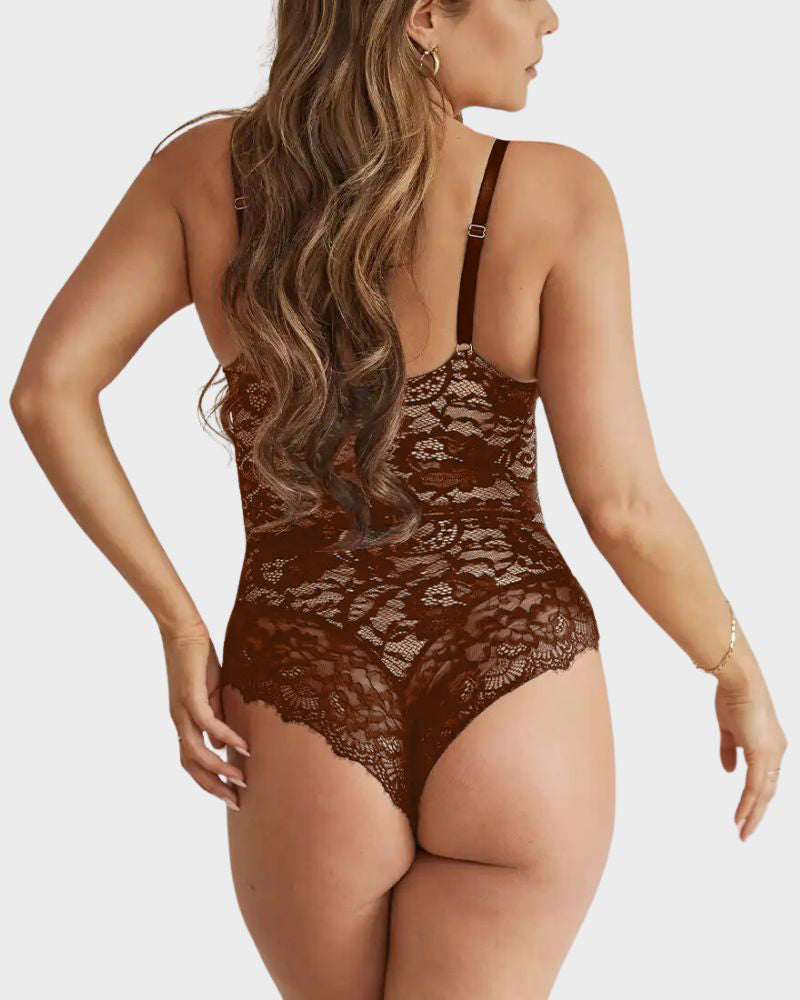 Sultry Deep-V Lace Sculpting Thong Bodysuit