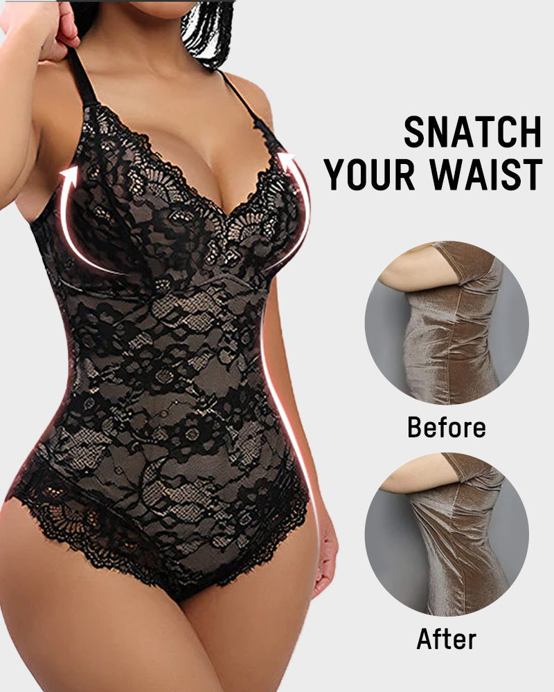 Sultry Deep-V Lace Sculpting Thong Bodysuit