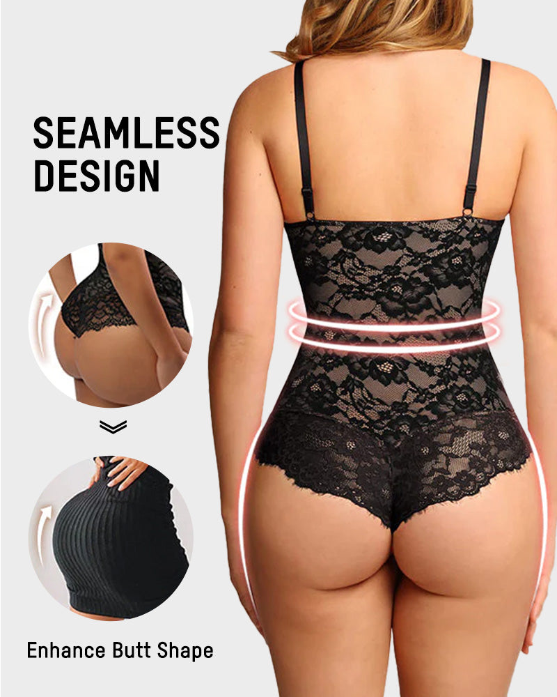 Sultry Deep-V Lace Sculpting Thong Bodysuit