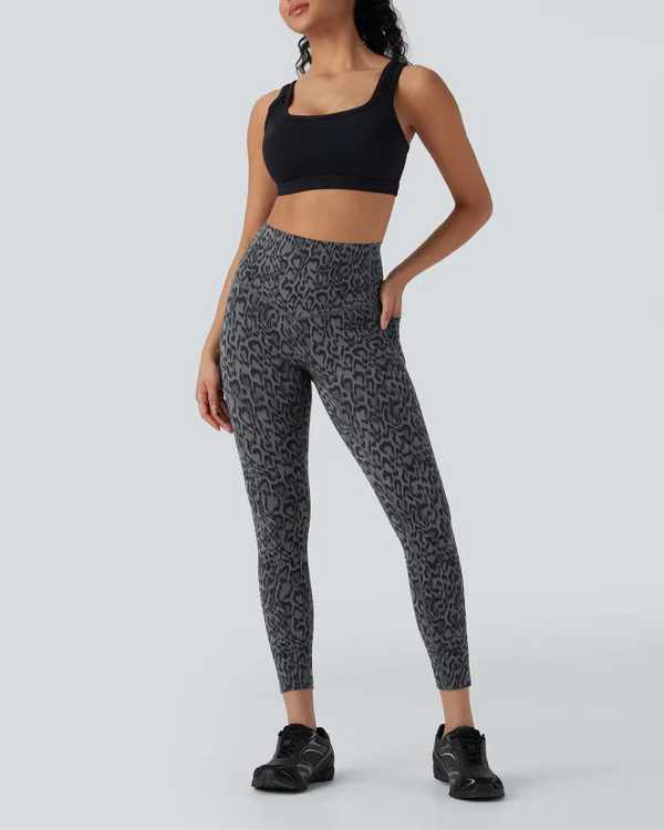 Leopard-Print High-Waisted Tummy-Control Workout Leggings with Convenient Side Pockets
