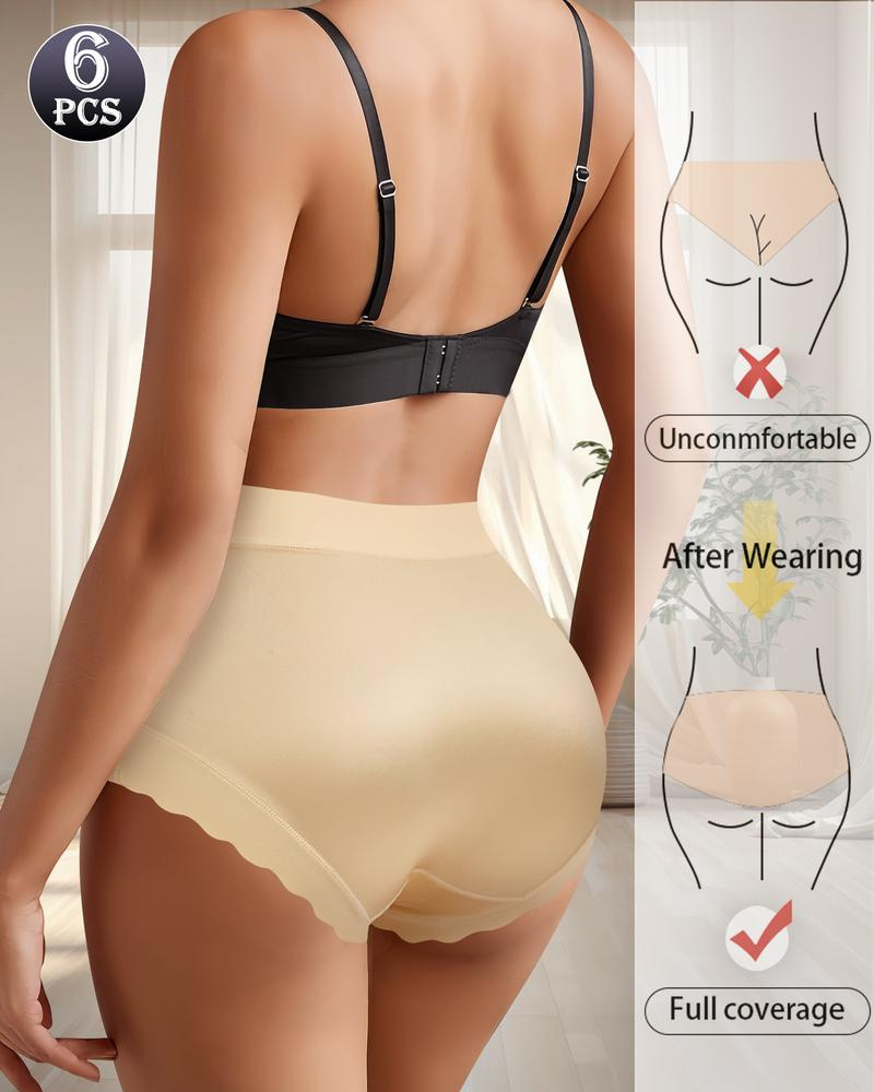 Luxurious Silky High-Waist Seamless Briefs with Elegant Scalloped Edges – 6-Pack